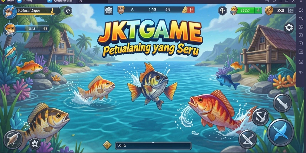 Tampilan gameplay JKTGAME yang menarik saat memancing di danau.