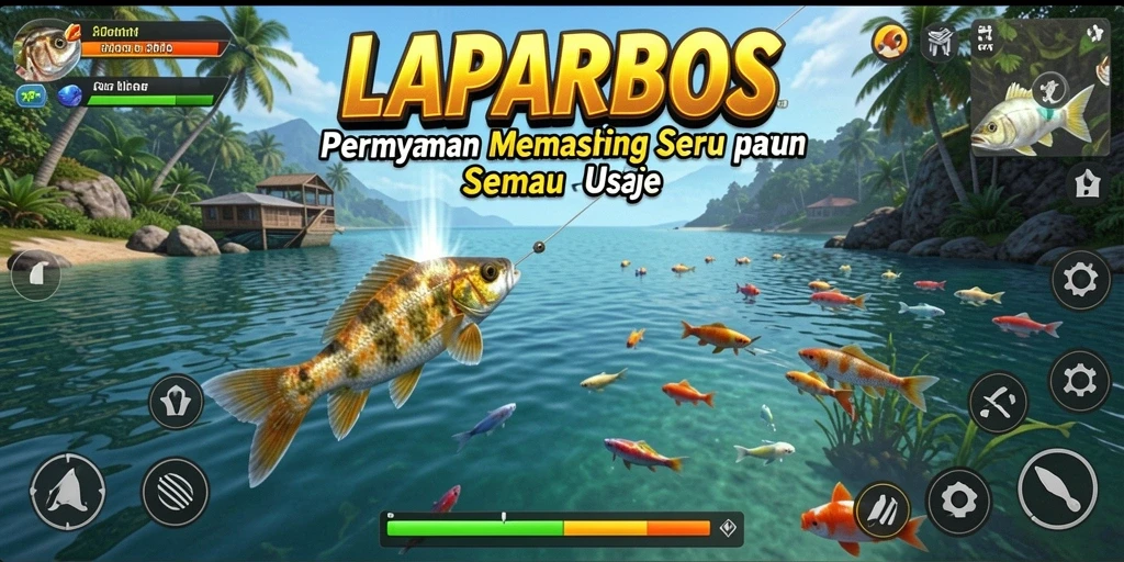 Gameplay LAPARBOS yang menampilkan aksi memancing seru di berbagai lokasi.