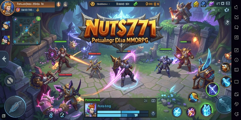 Tampilan utama gameplay NUTS777 yang menggambarkan pertarungan epik di dunia MMORPG.