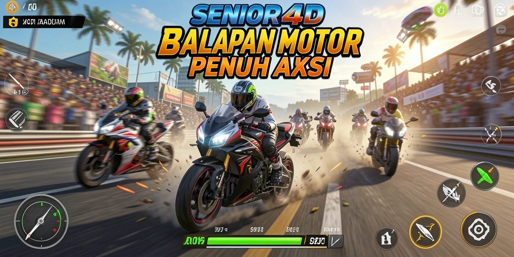 Tampilan gameplay mendebarkan di SENIOR4D dengan balapan motor yang seru.
