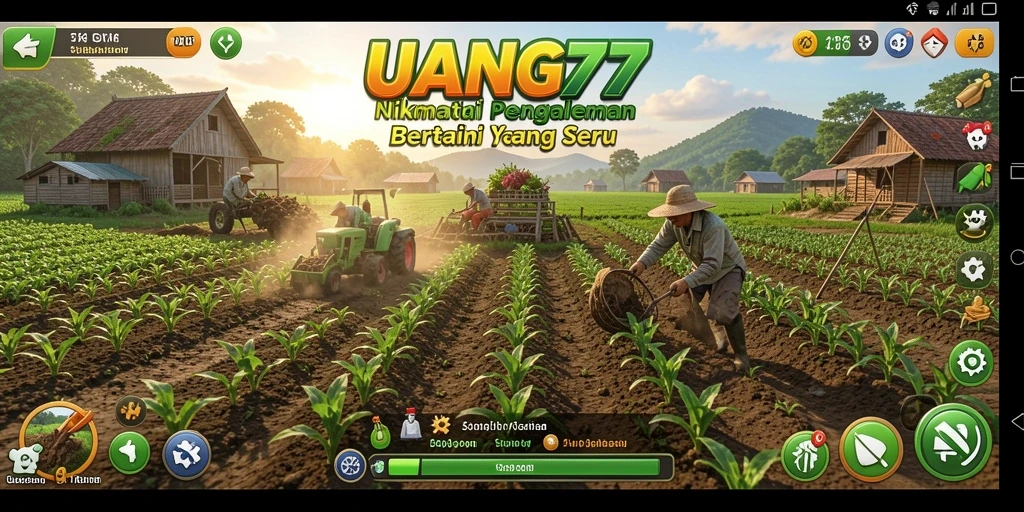 Tampilan gameplay UANG77 yang menarik dengan ladang dan tanaman subur.