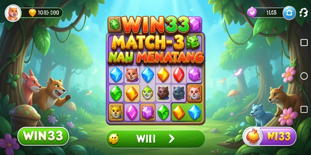 Tangkapan layar utama menunjukkan gameplay Match-3 yang seru dan penuh warna.